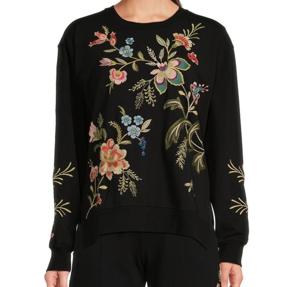 NWT JOHNNY WAS Julianna embroidered  placement floral crew neck sweatshirt